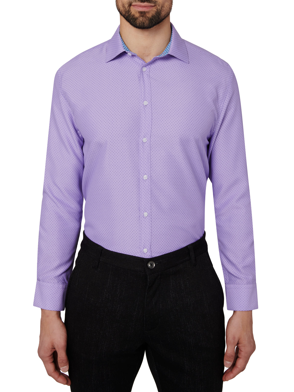 Man wearing a purple dress shirt with a subtle pattern on a white background