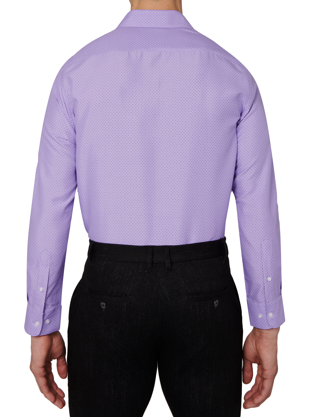 Purple patterned dress shirt worn by a person on a white background
