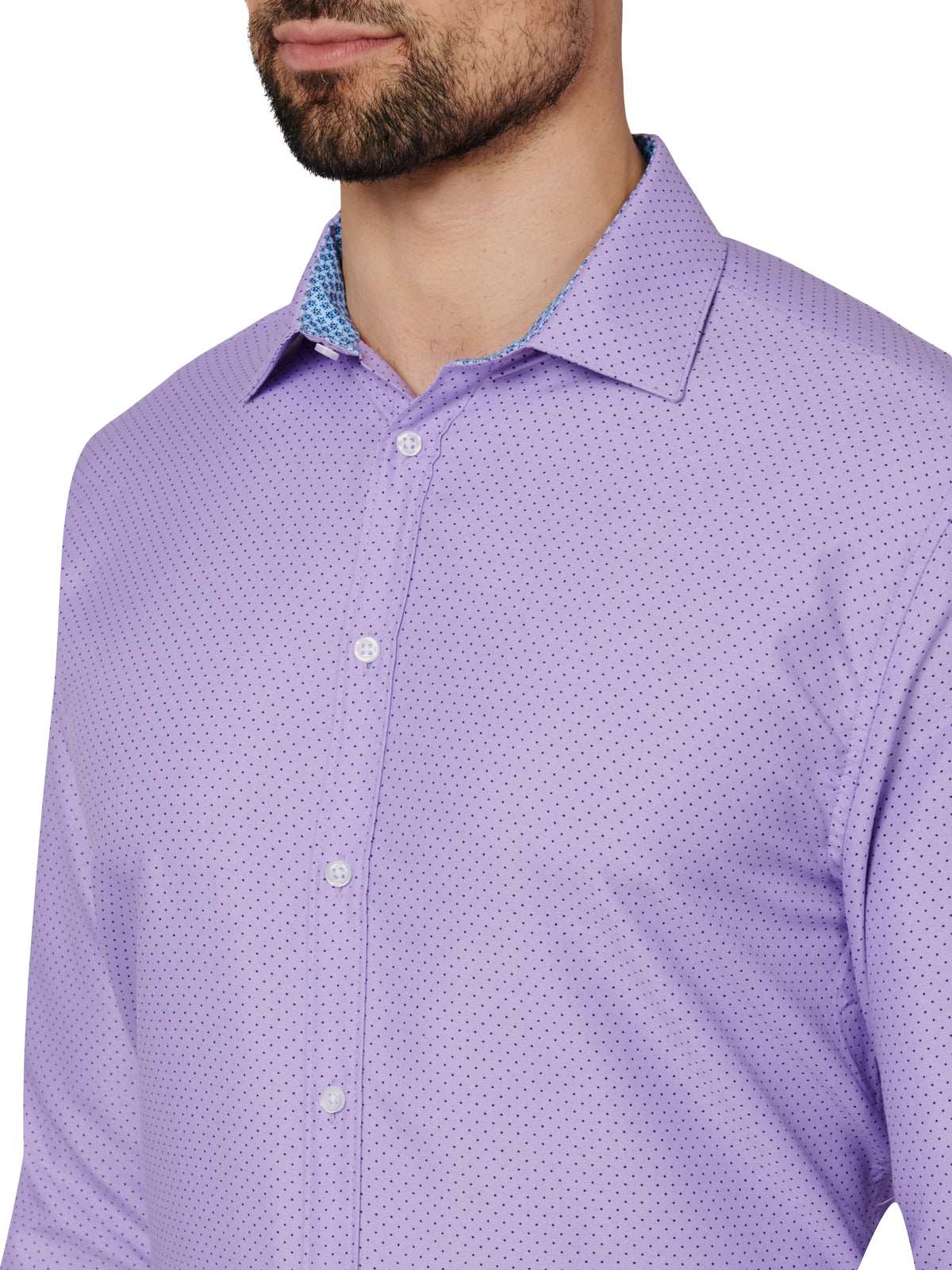 Purple patterned dress shirt worn by a person on a white background