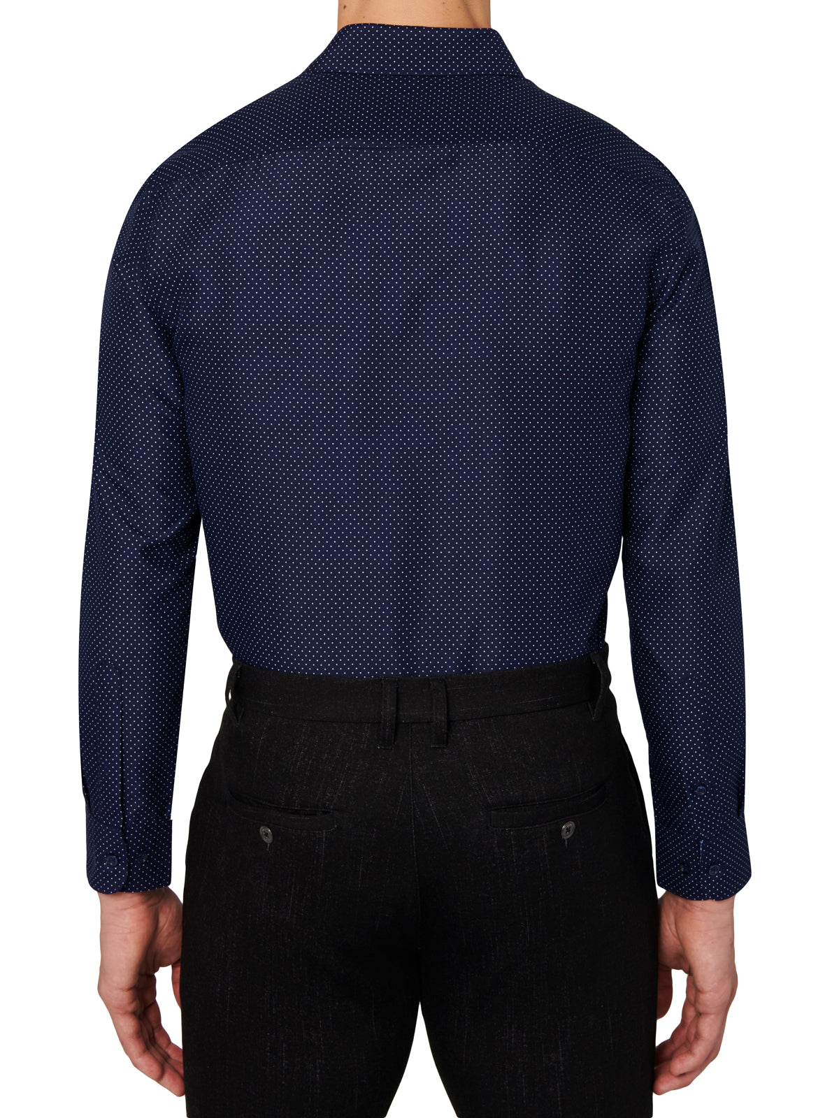 Navy patterned shirt worn by a person on a white background