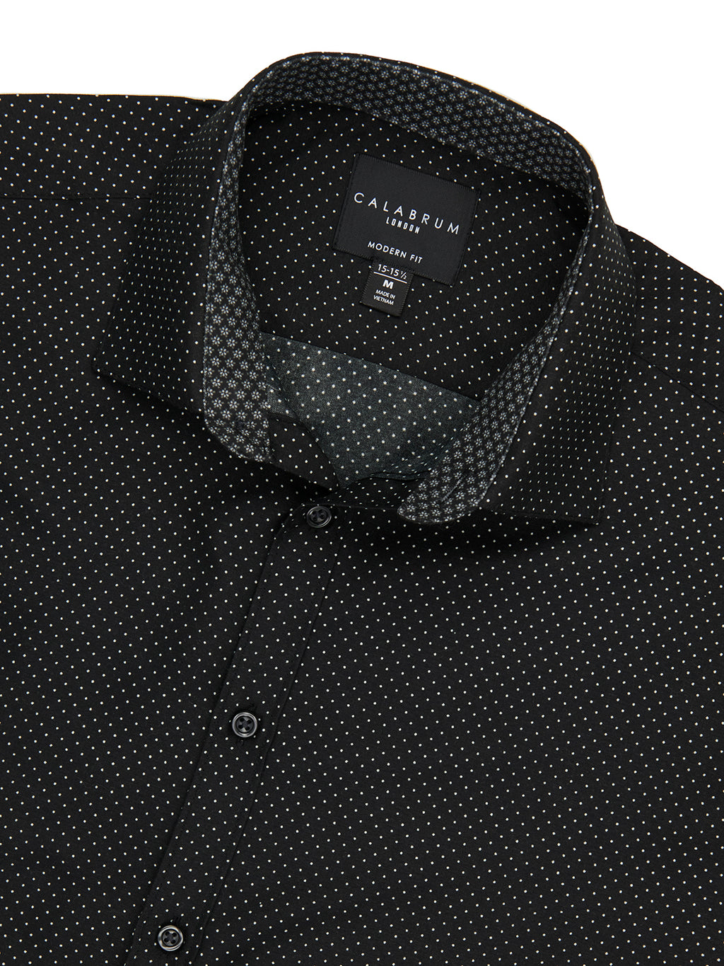 Black patterned shirt with a Calvium label on a white background