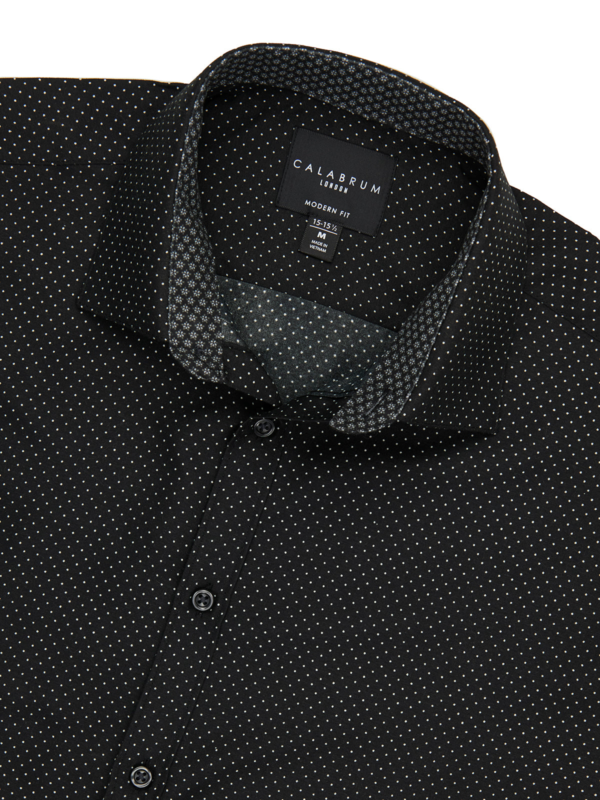 Black patterned shirt with a Calvium label on a white background