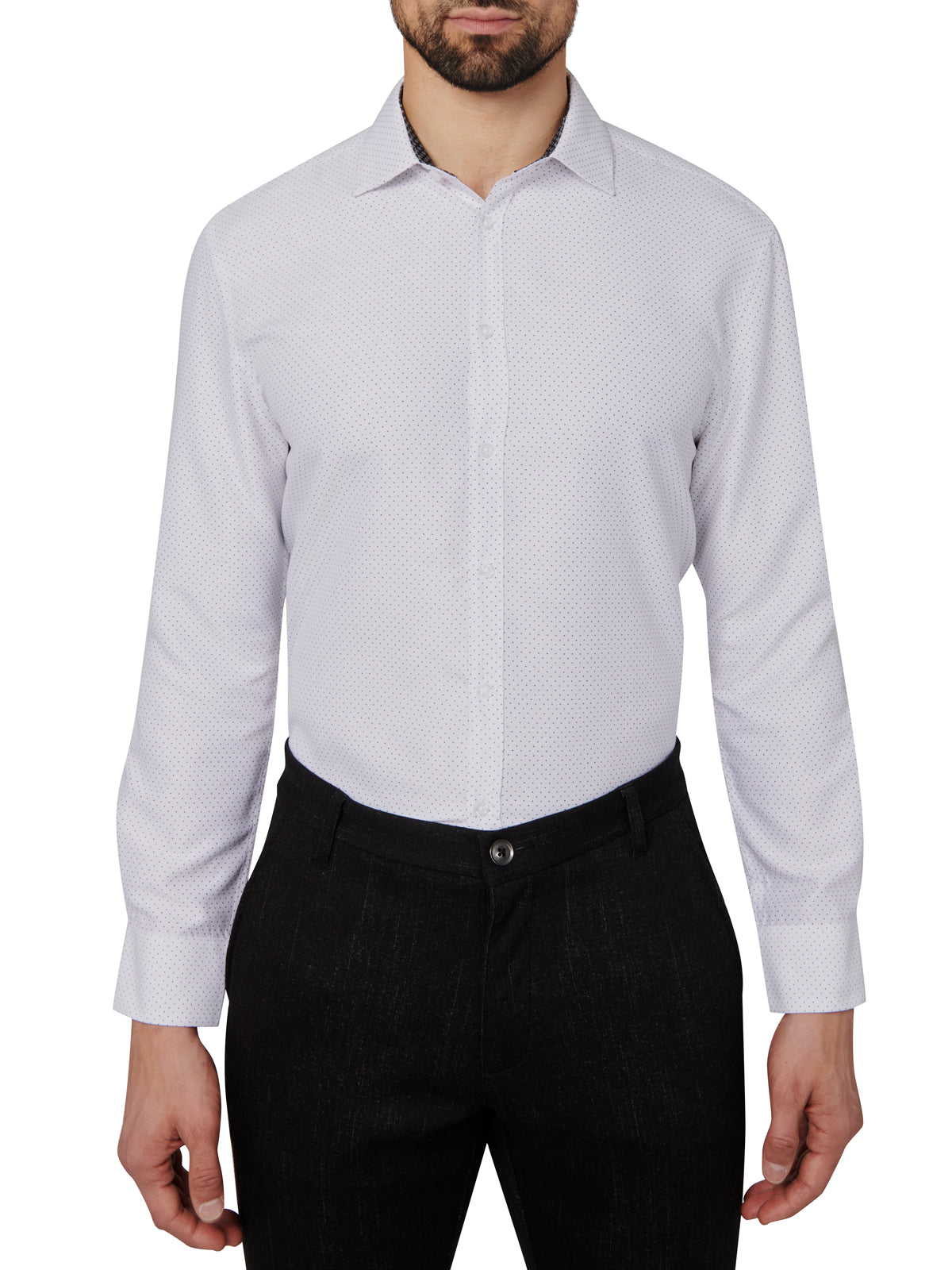 Man wearing a white dress shirt with a subtle pattern and black pants on a white background
