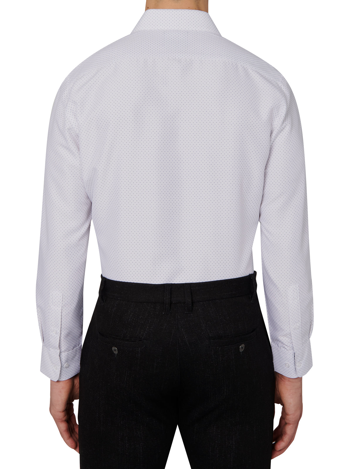 White patterned shirt worn by a person on a white background