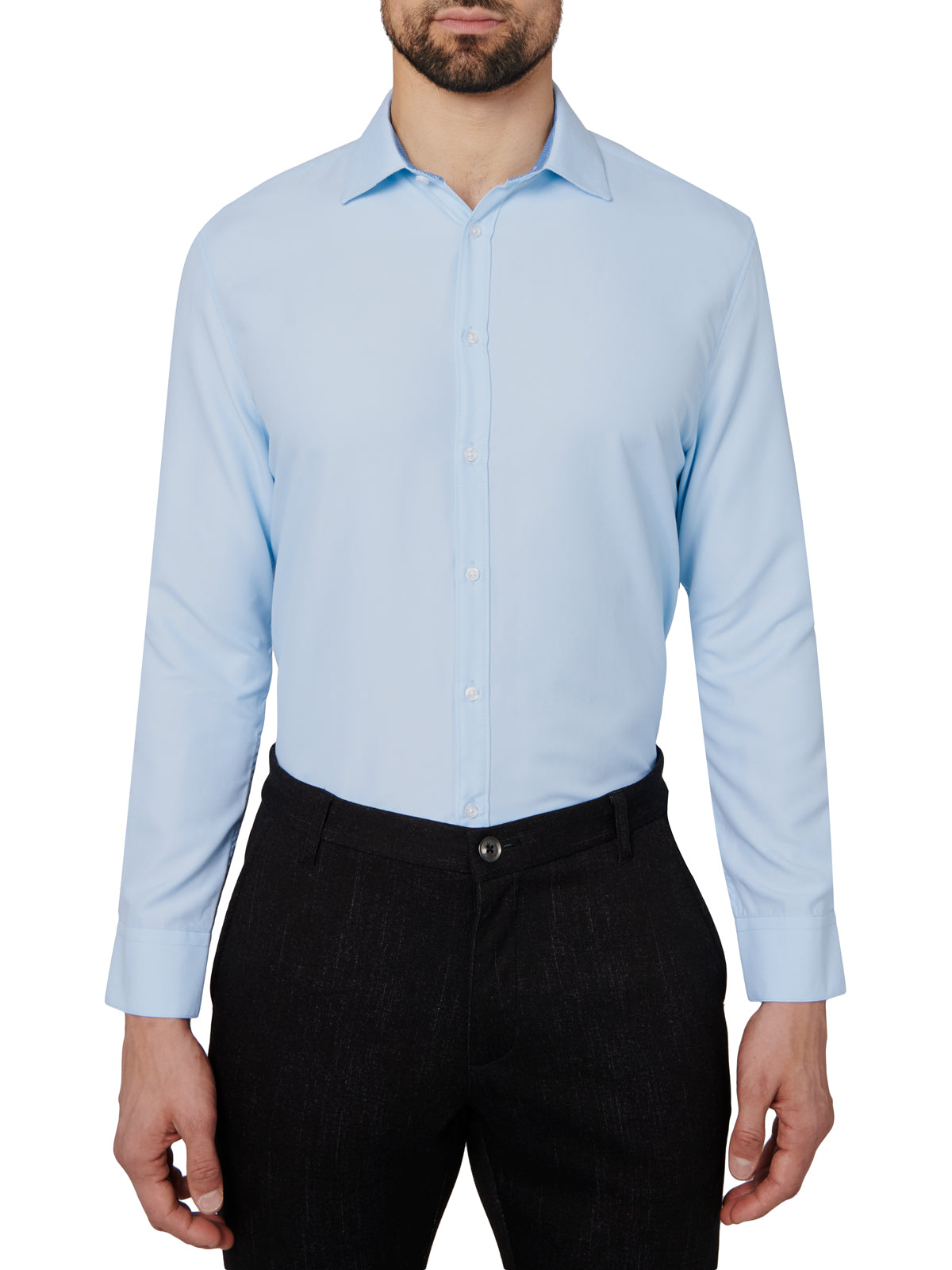 Man wearing a light blue dress shirt and black pants on a white background