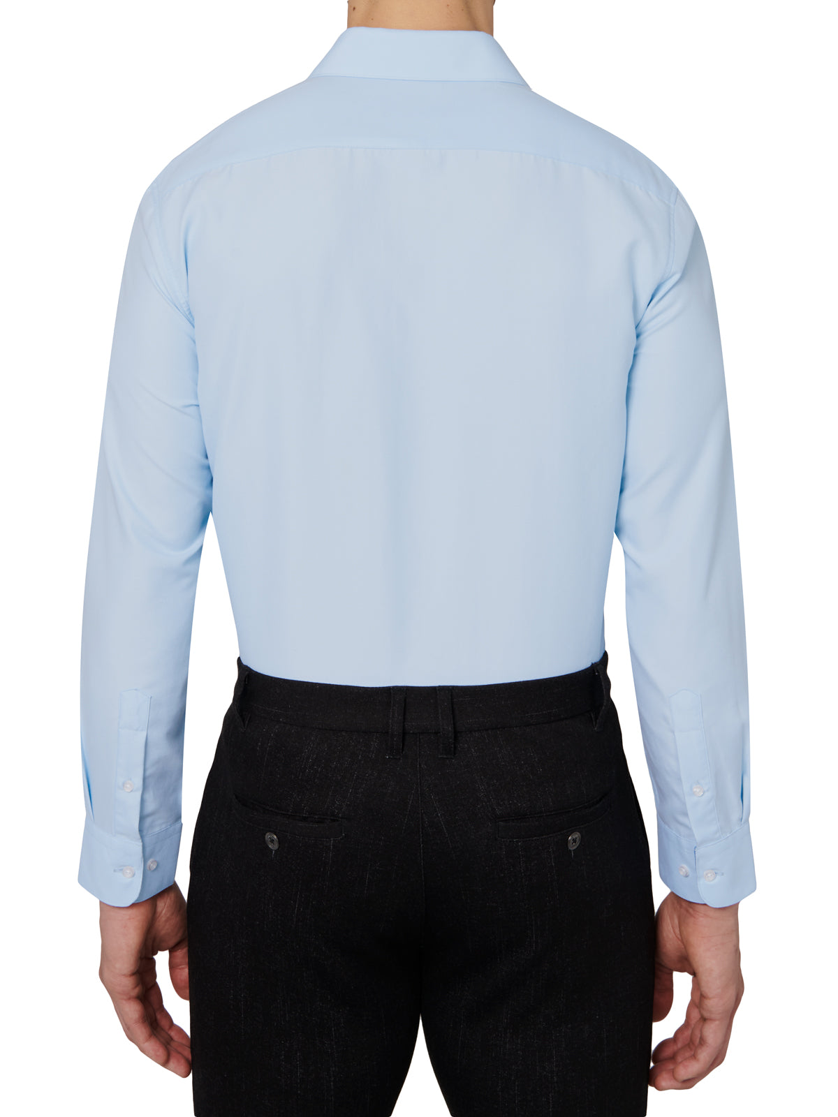 Light blue dress shirt worn by a person on a white background