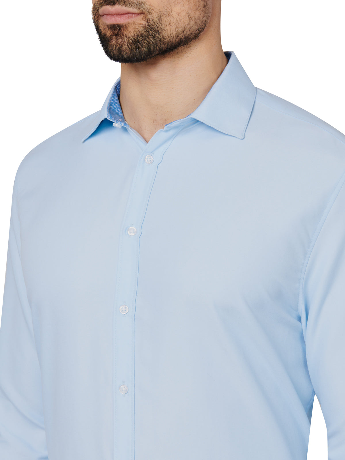 Light blue dress shirt worn by a person on a white background