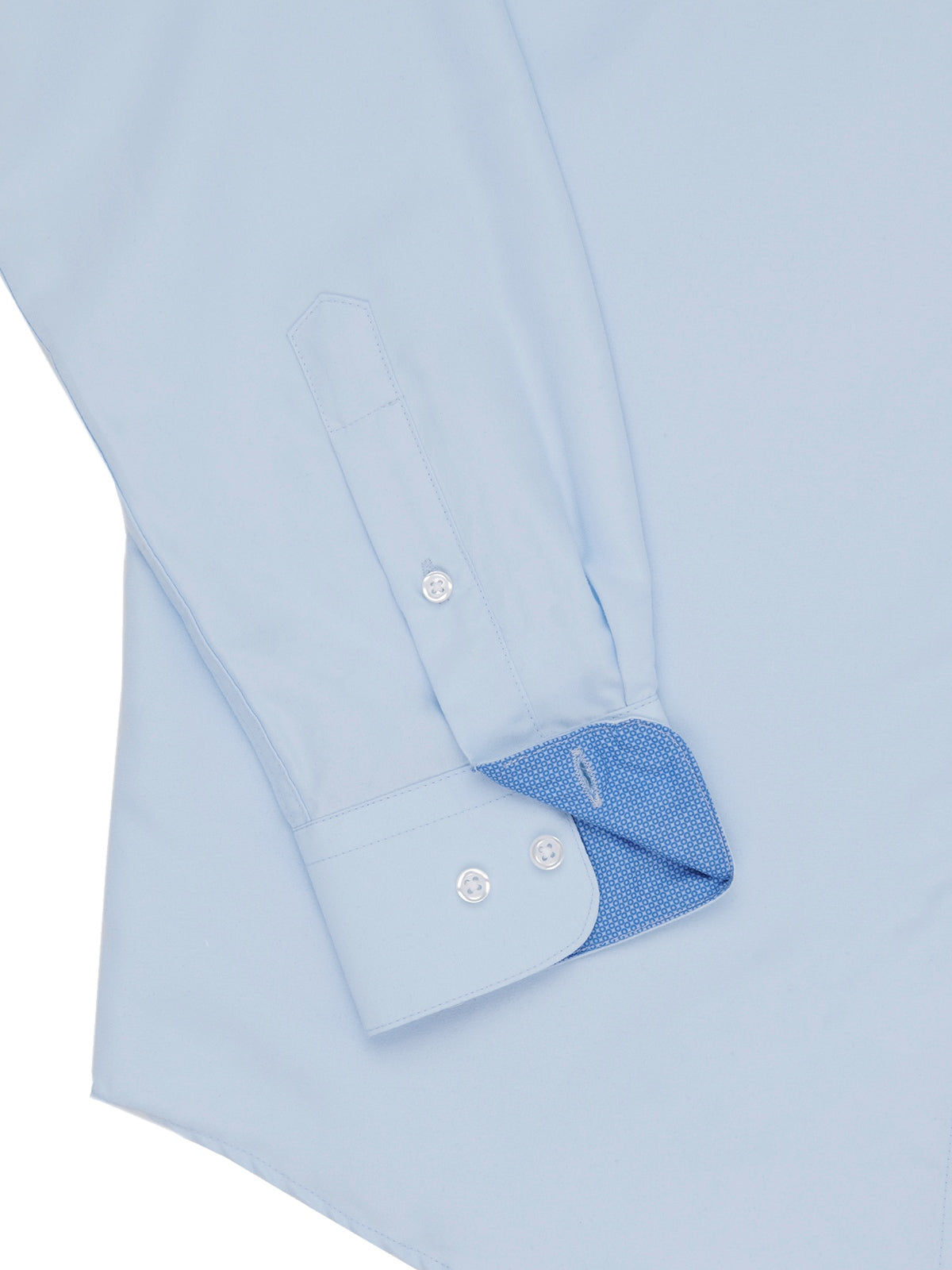 Light blue dress shirt with a close-up of the cuff and collar on a white background