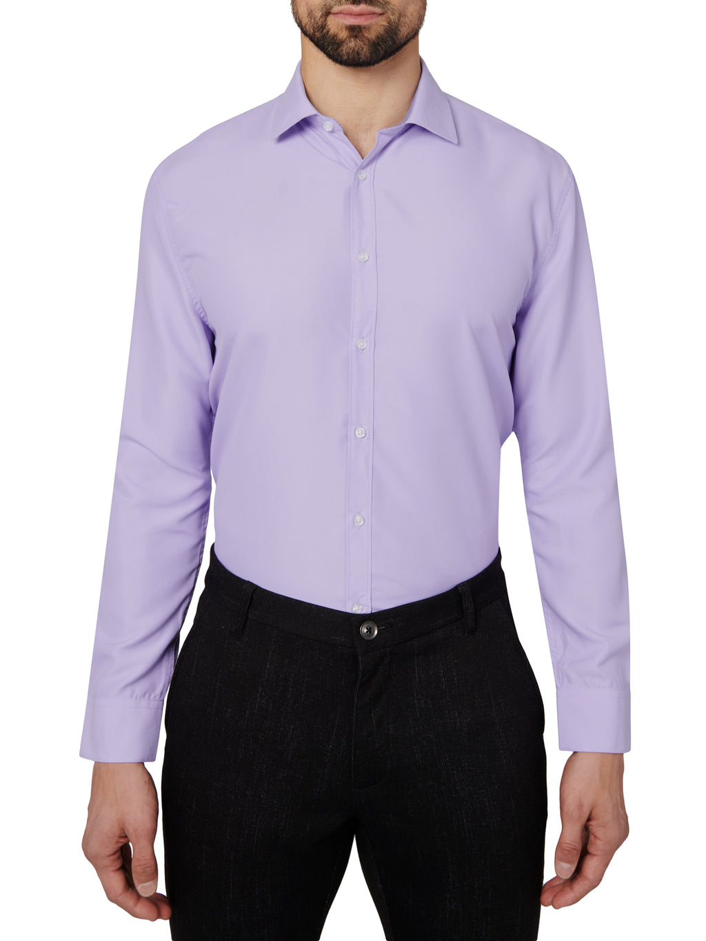 Man wearing a light purple dress shirt and black pants on a white background