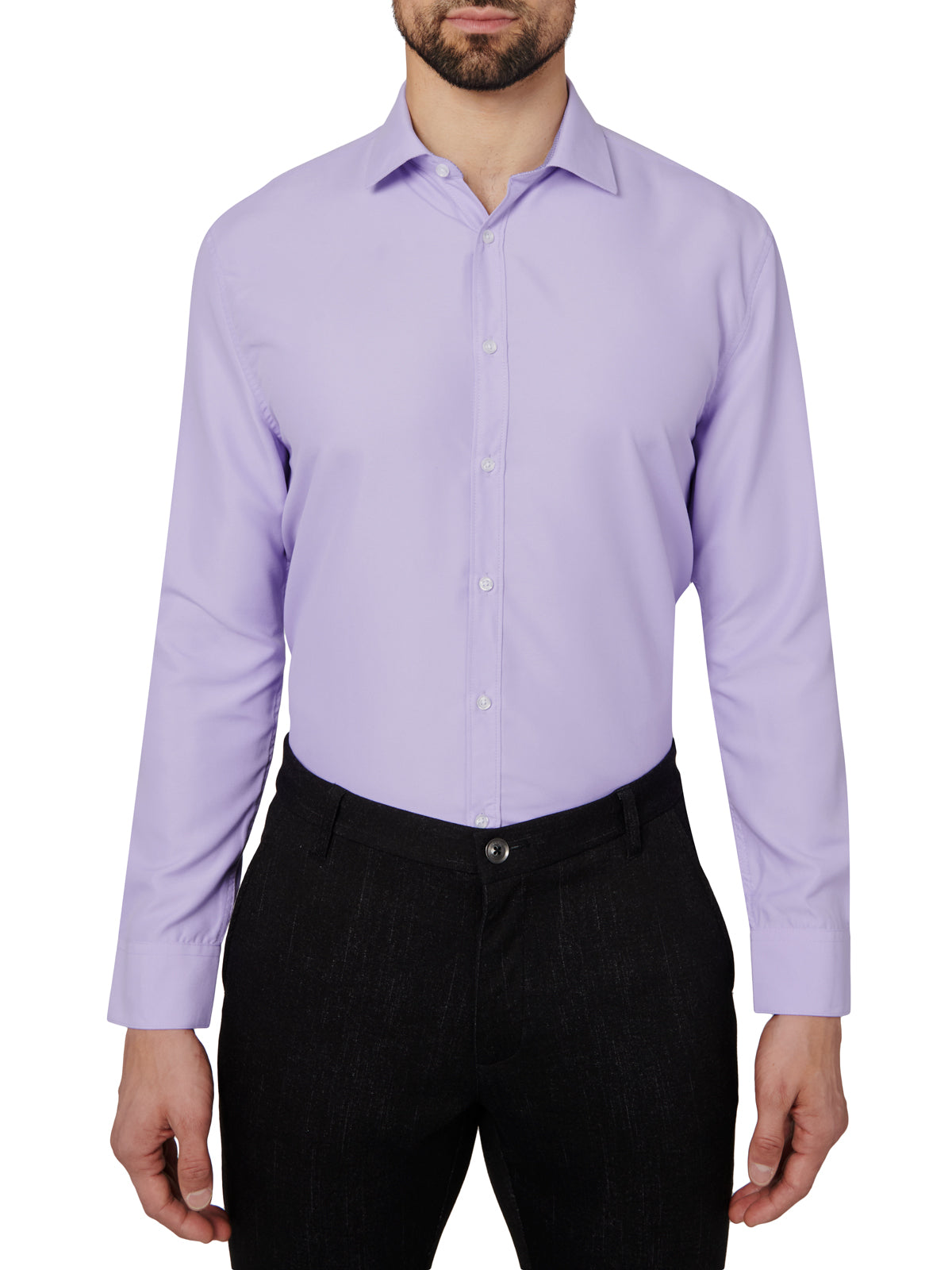 Man wearing a light purple dress shirt and black pants on a white background