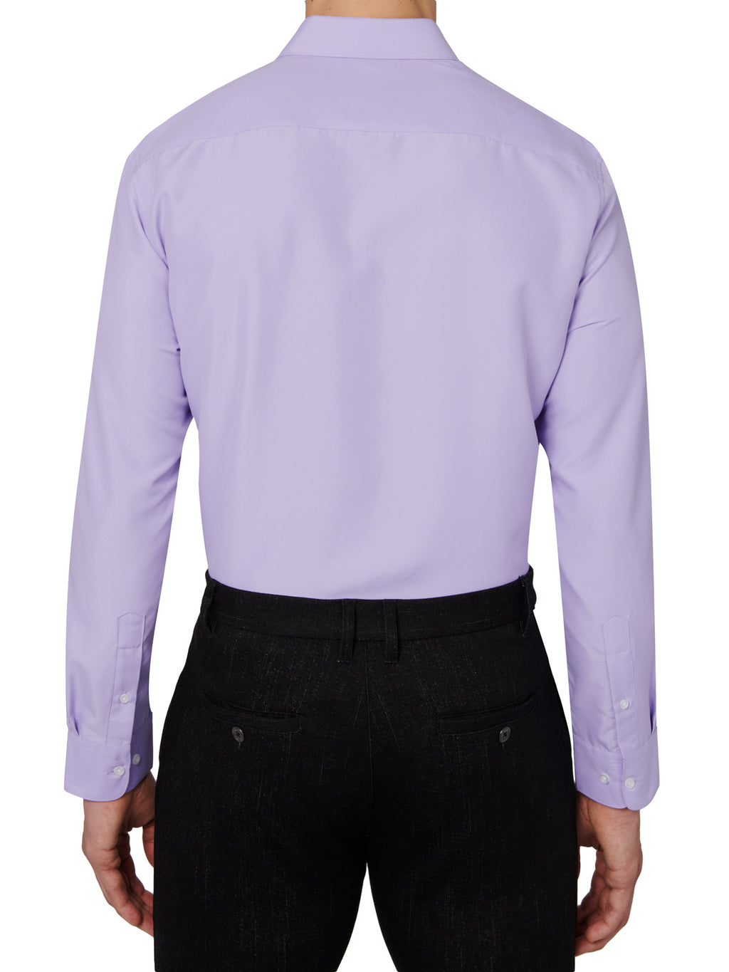 Purple dress shirt worn by a person on a white background