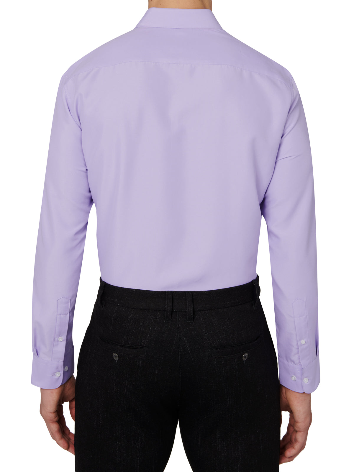 Purple dress shirt worn by a person on a white background