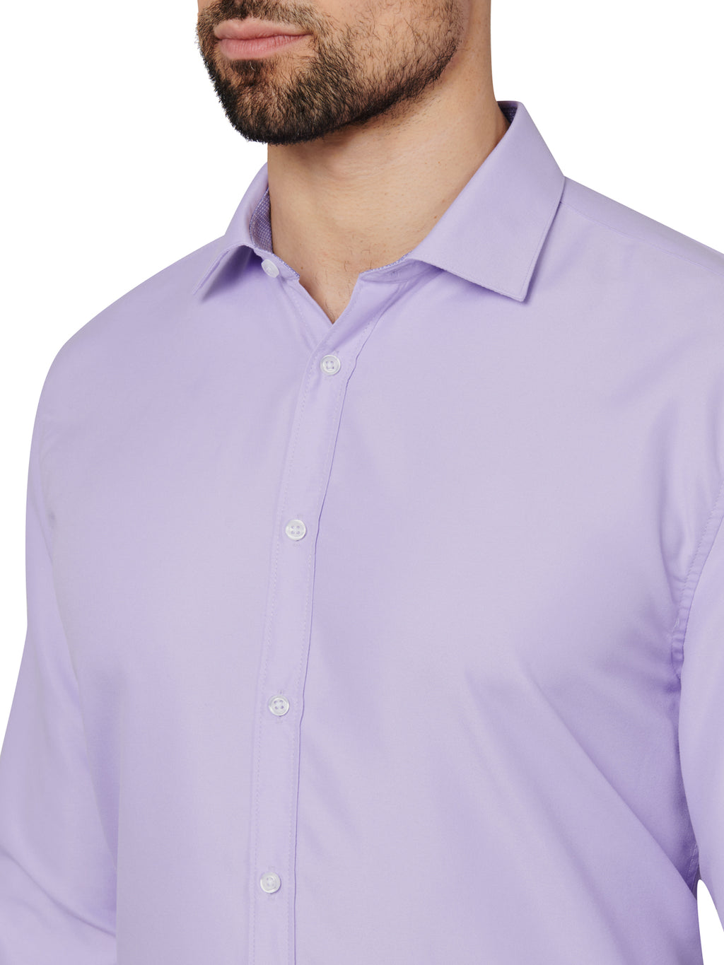Man wearing a light purple dress shirt on a white background