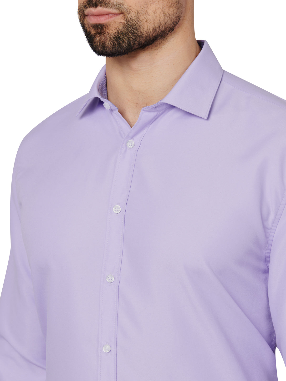 Man wearing a light purple dress shirt on a white background