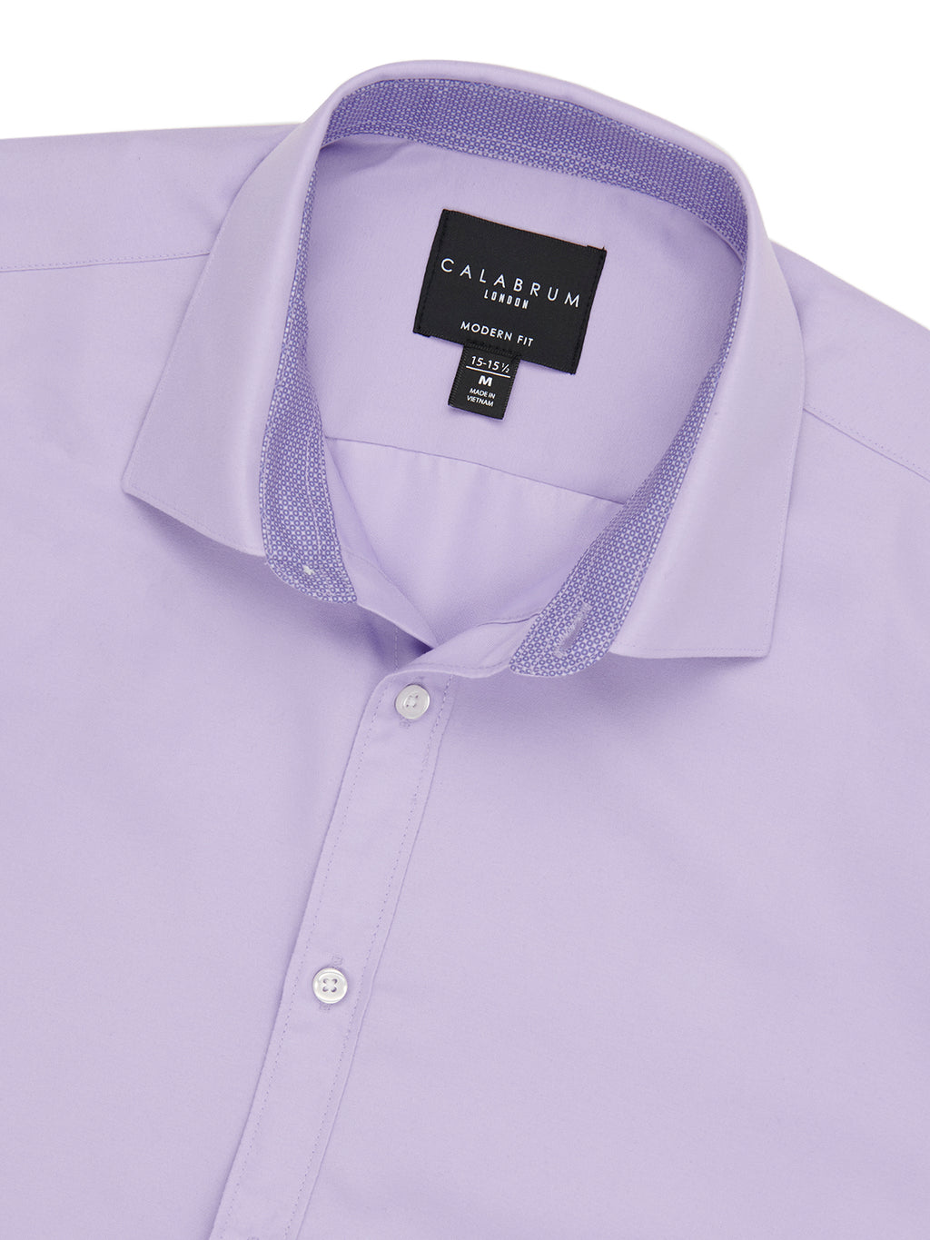 Close-up of a light purple dress shirt with a collar and Caliburn London label.