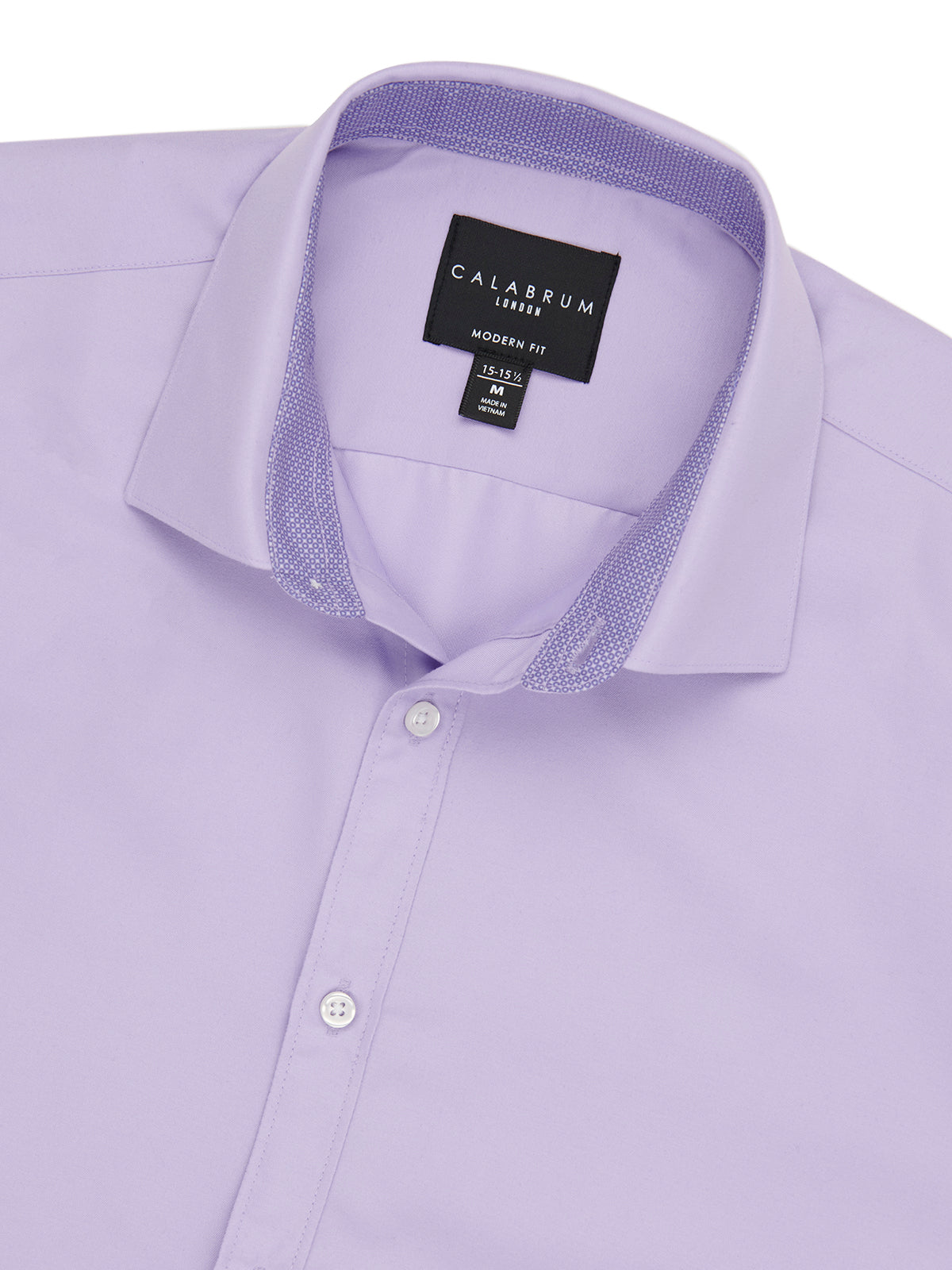 Close-up of a light purple dress shirt with a collar and Caliburn London label.