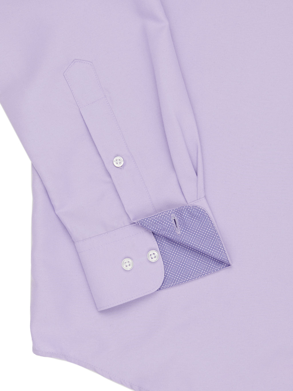 Close-up of a light purple dress shirt with button details on a white background