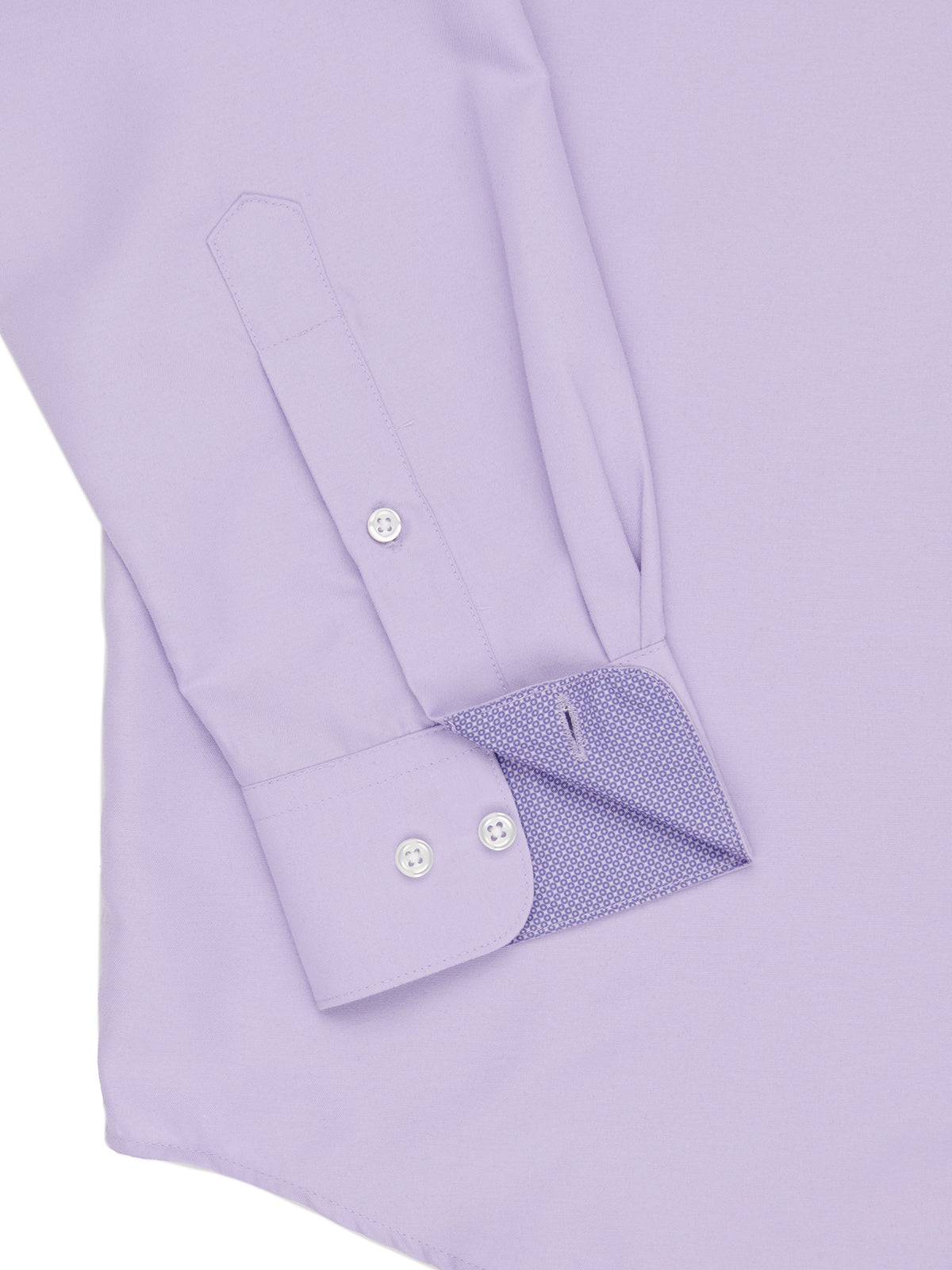 Close-up of a light purple dress shirt with button details on a white background