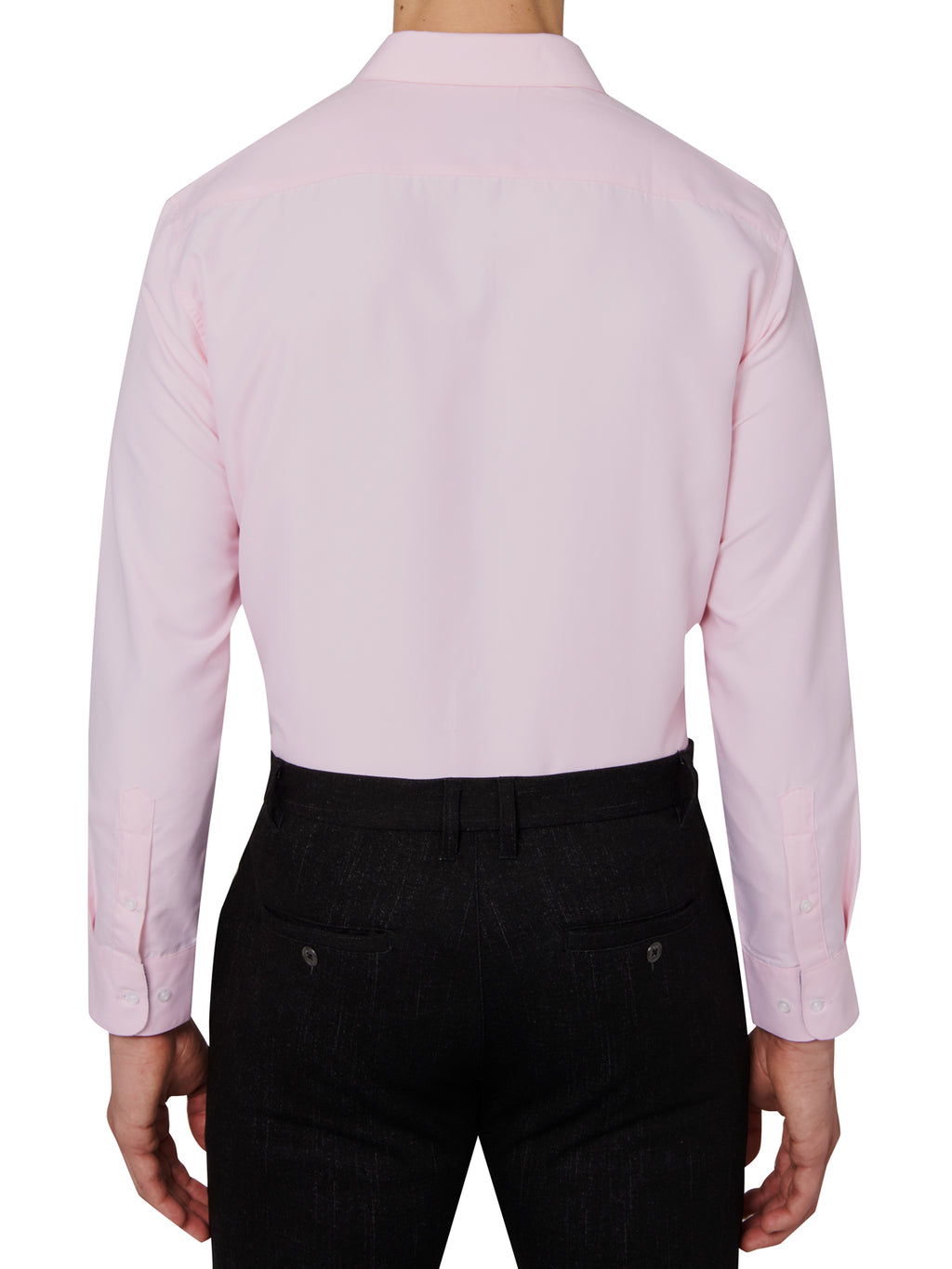 Pink dress shirt worn by a person on a white background