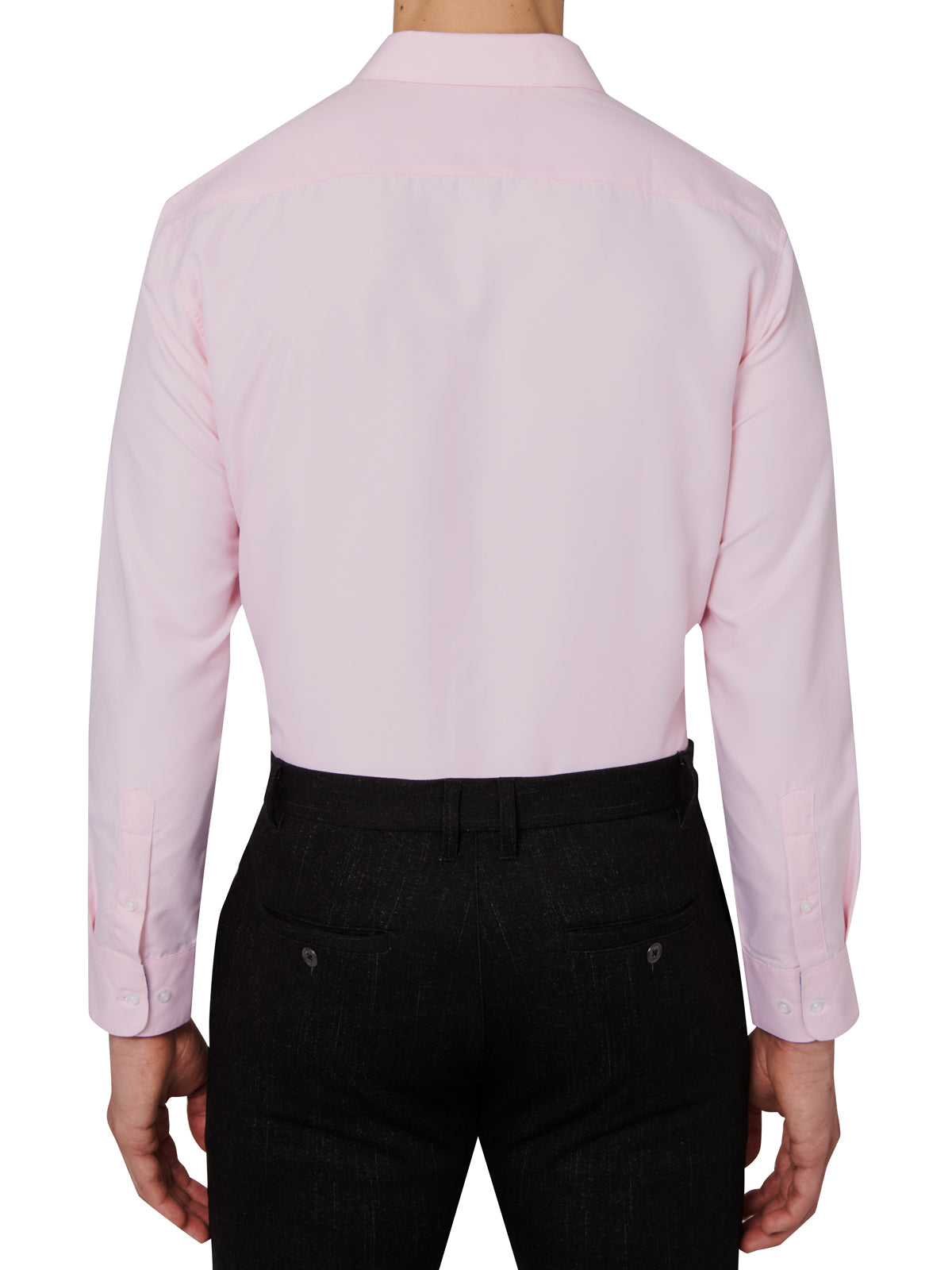 Pink dress shirt worn by a person on a white background