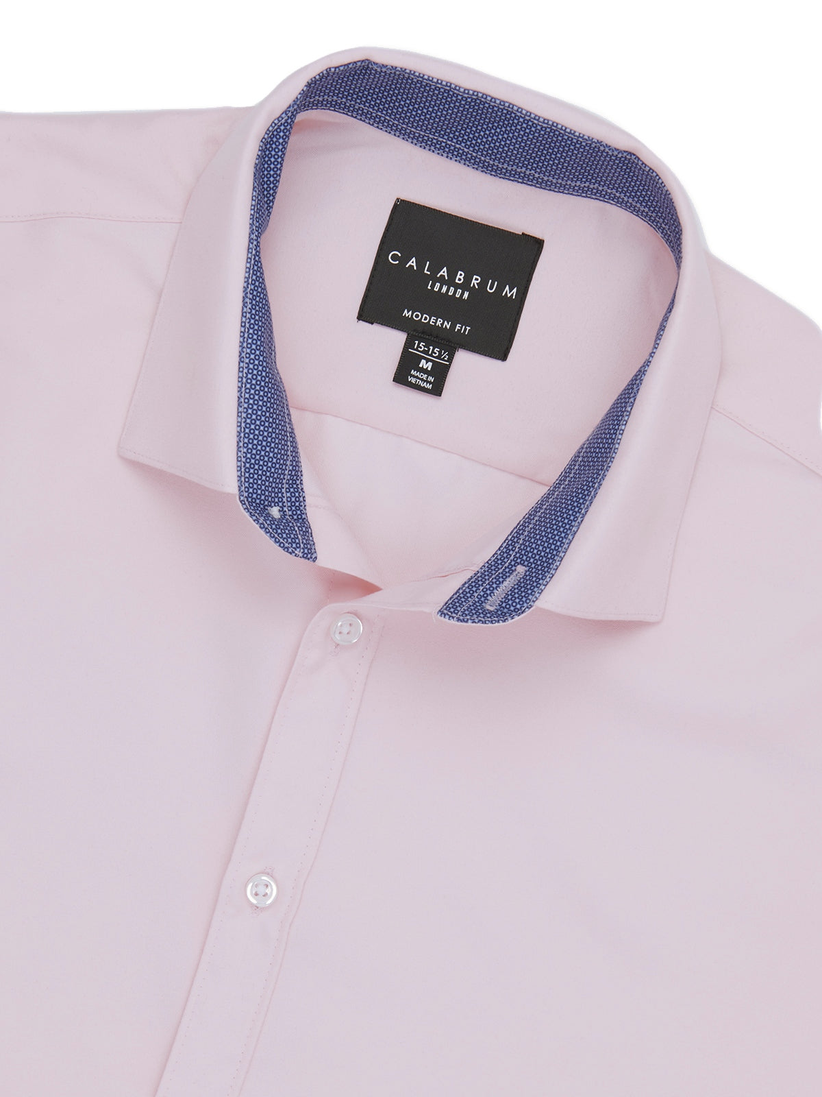 Pink dress shirt with blue trim collar and Calaerum label on a white background