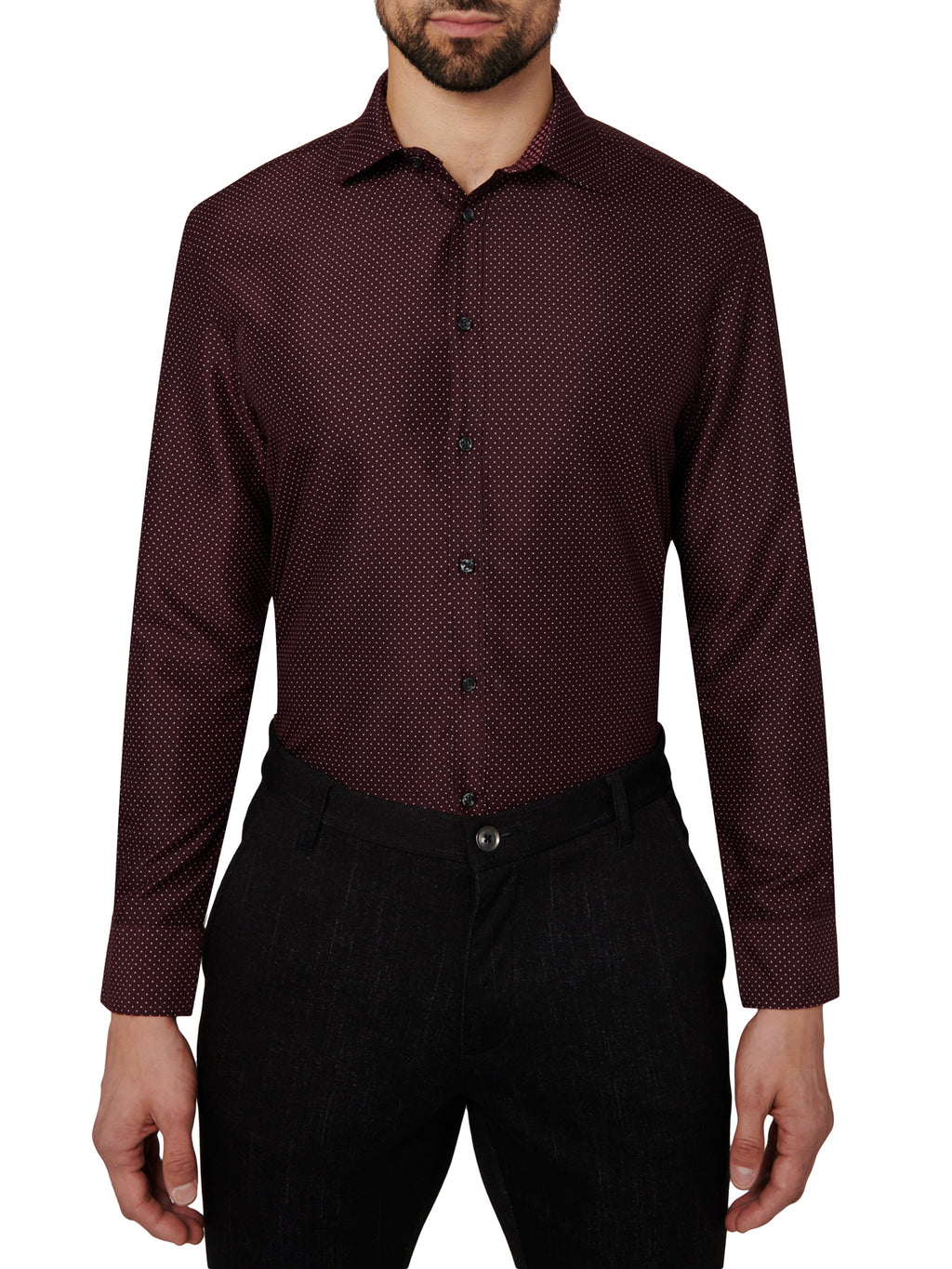 Man wearing a maroon patterned dress shirt and black pants on a white background