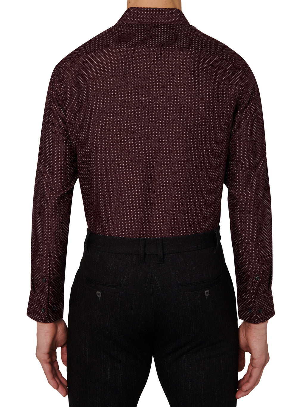 Brown patterned shirt worn by a person on a white background