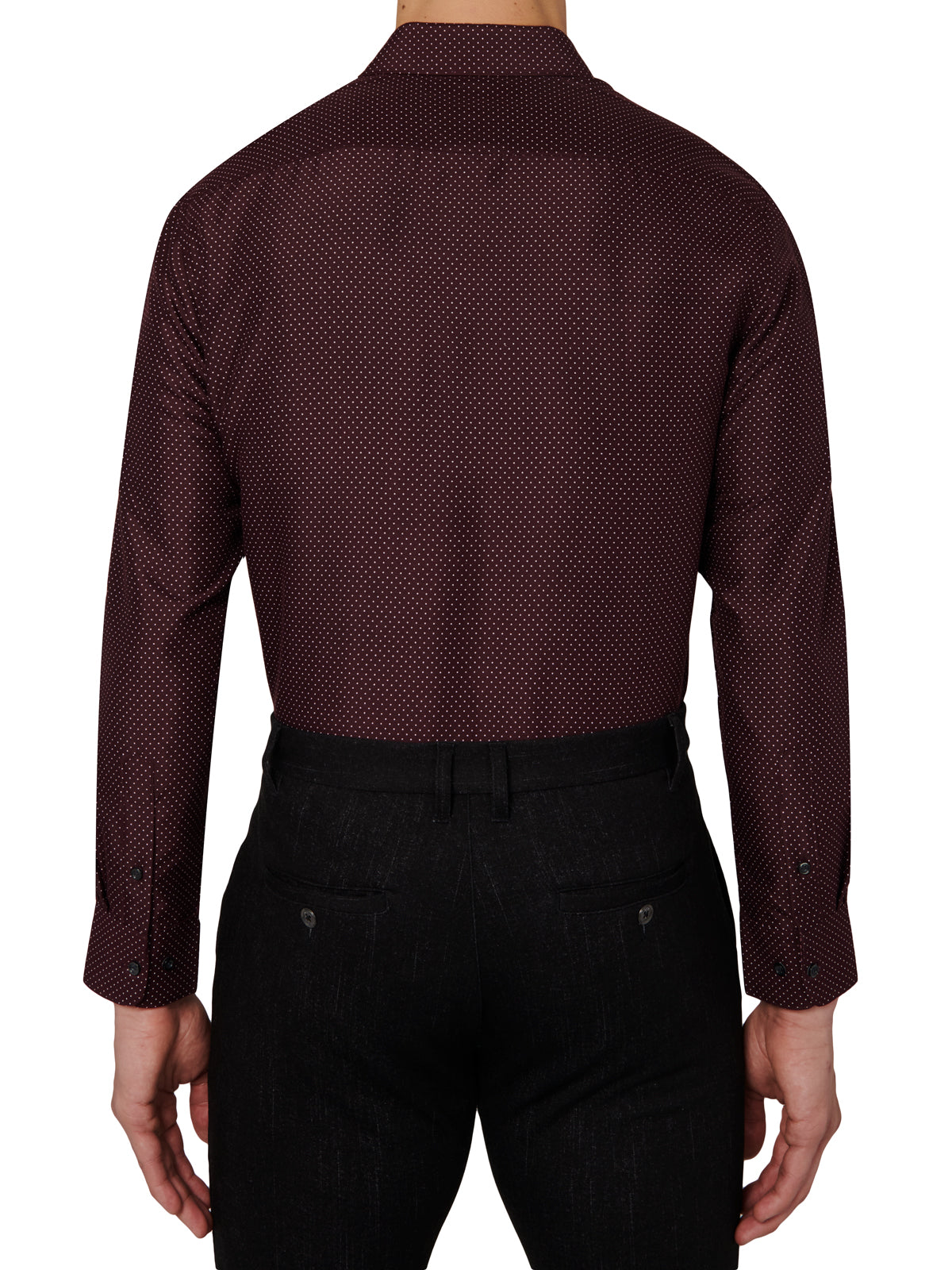 Brown patterned shirt worn by a person on a white background