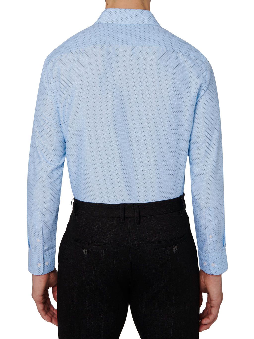Light blue dress shirt with a subtle pattern worn by a person on a white background