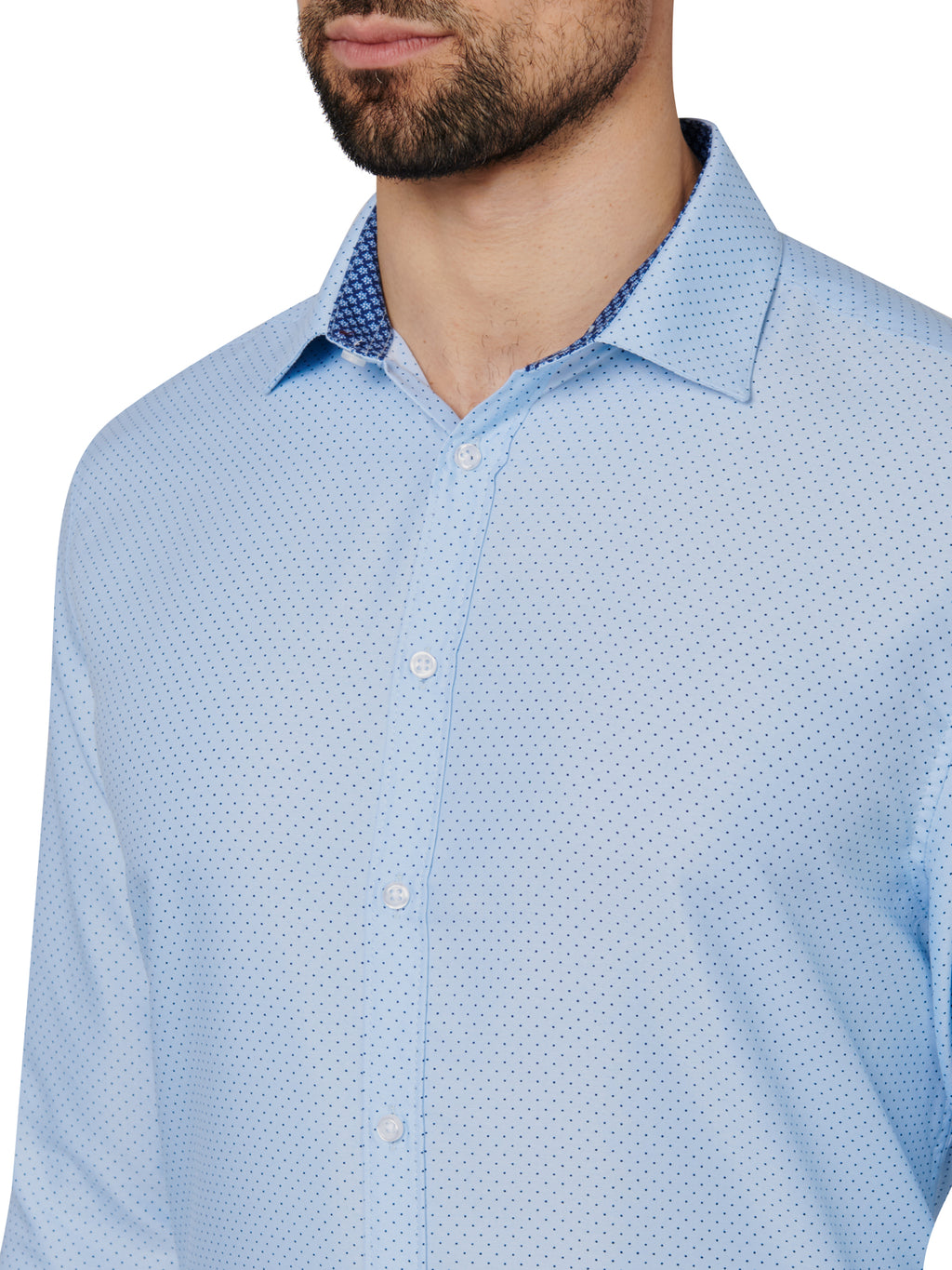 Light blue patterned shirt worn by a person on a white background