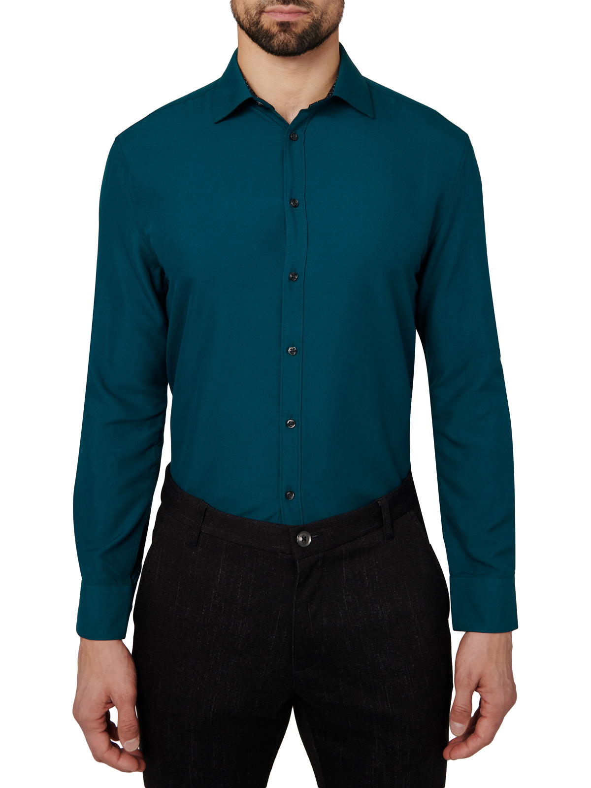Teal dress shirt worn by a person on a white background