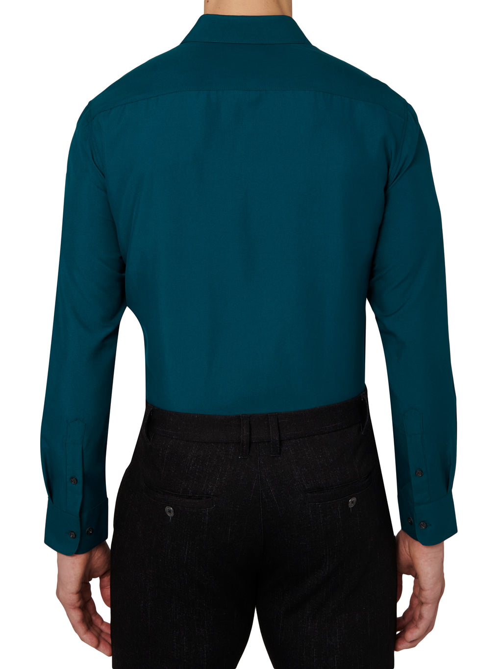 Teal dress shirt worn by a person on a white background
