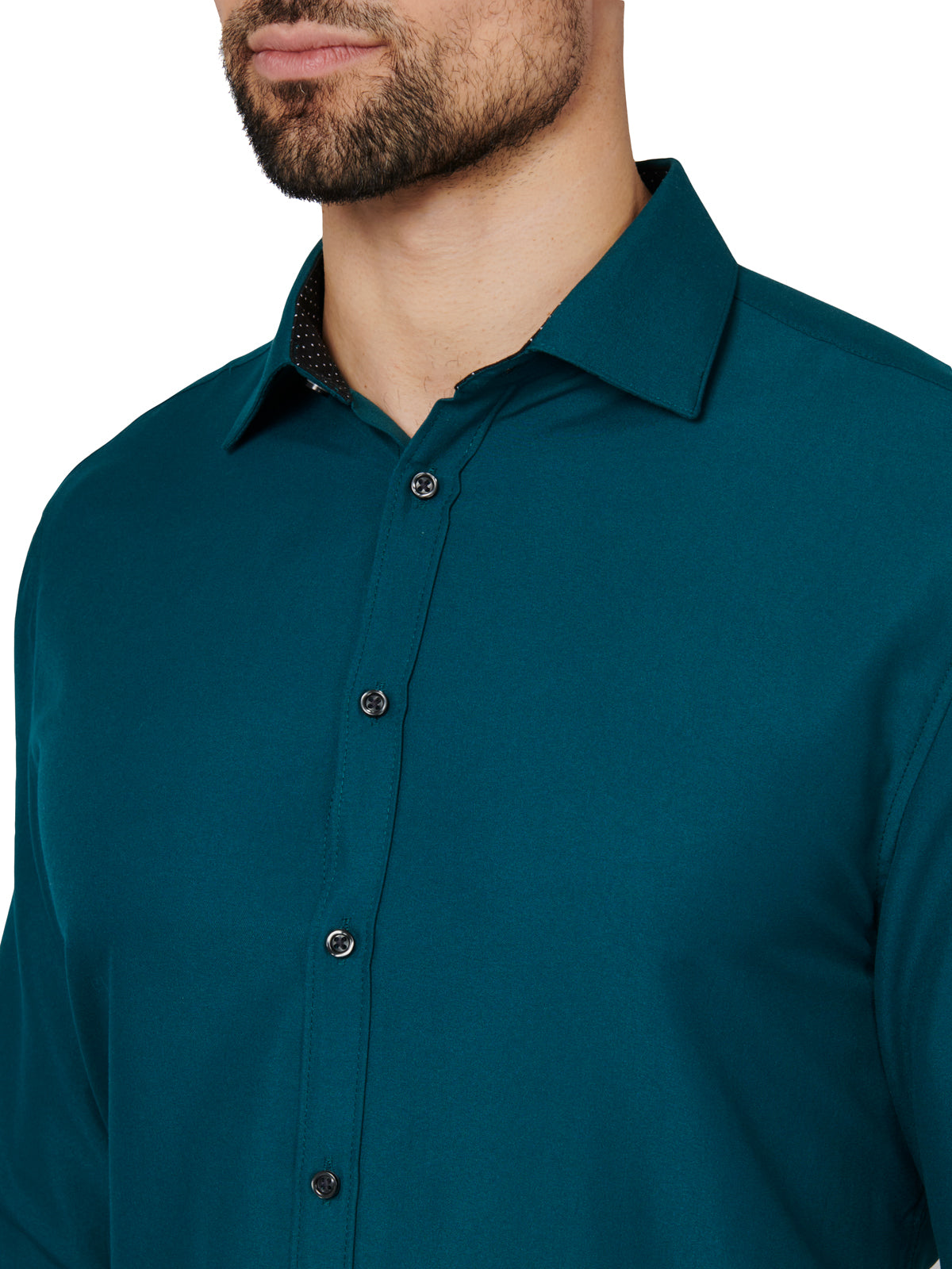Teal button-up shirt worn by a person on a white background