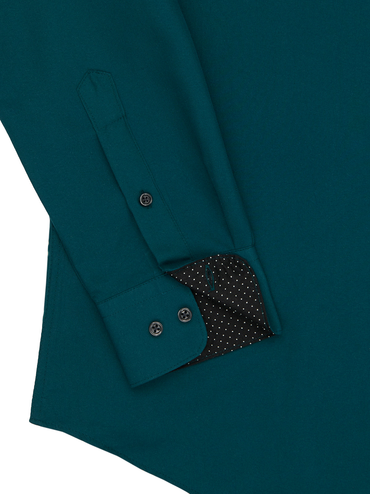 Teal shirt with button details and a patterned inner lining on a white background
