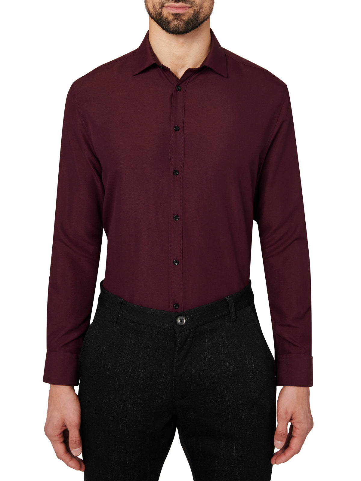 Man wearing a maroon dress shirt and pants on a white background