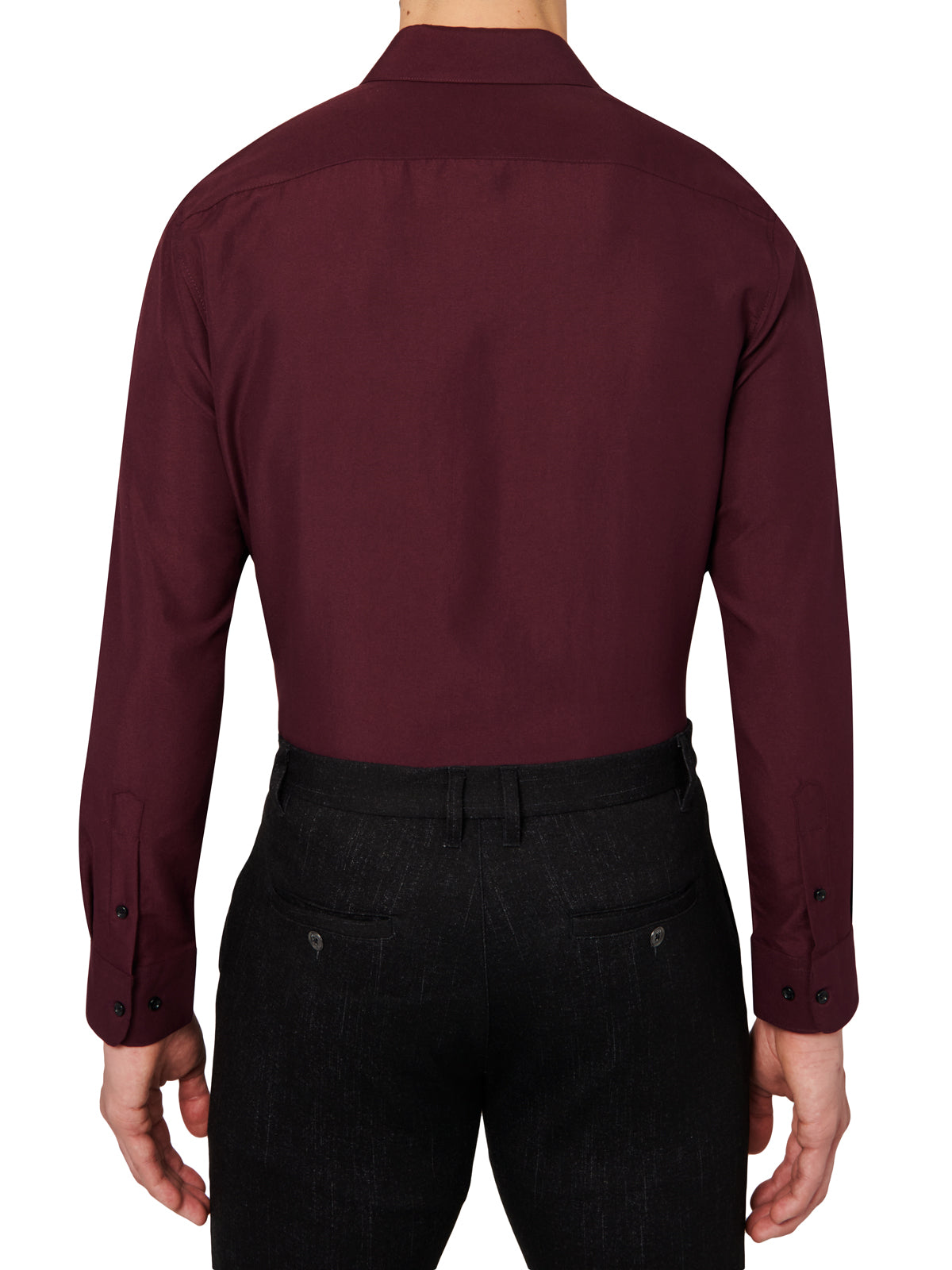 Maroon dress shirt worn by a person on a white background