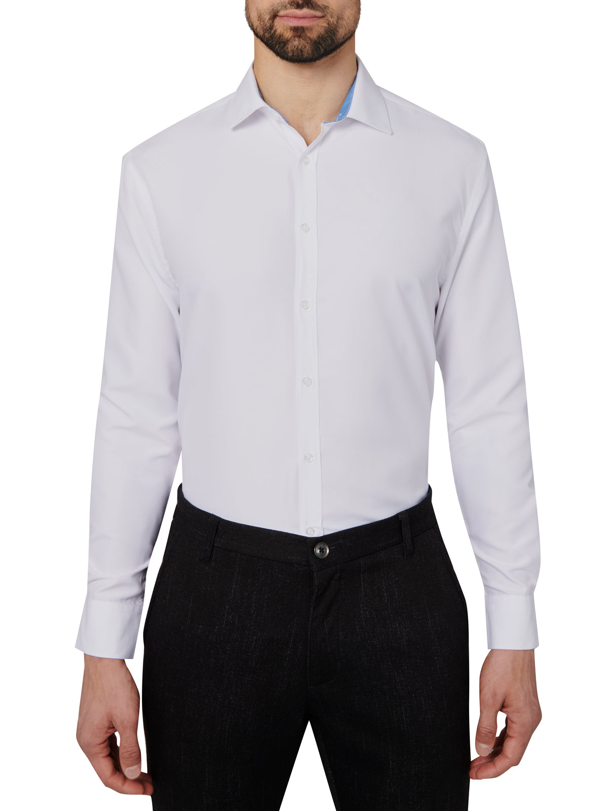 Man wearing a white dress shirt and black pants on a white background