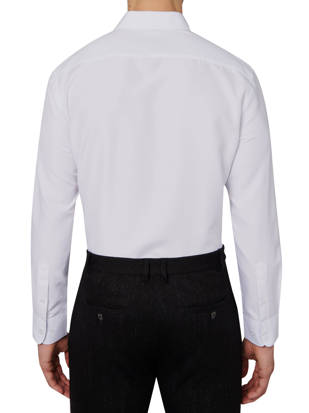White dress shirt worn by a person on a white background