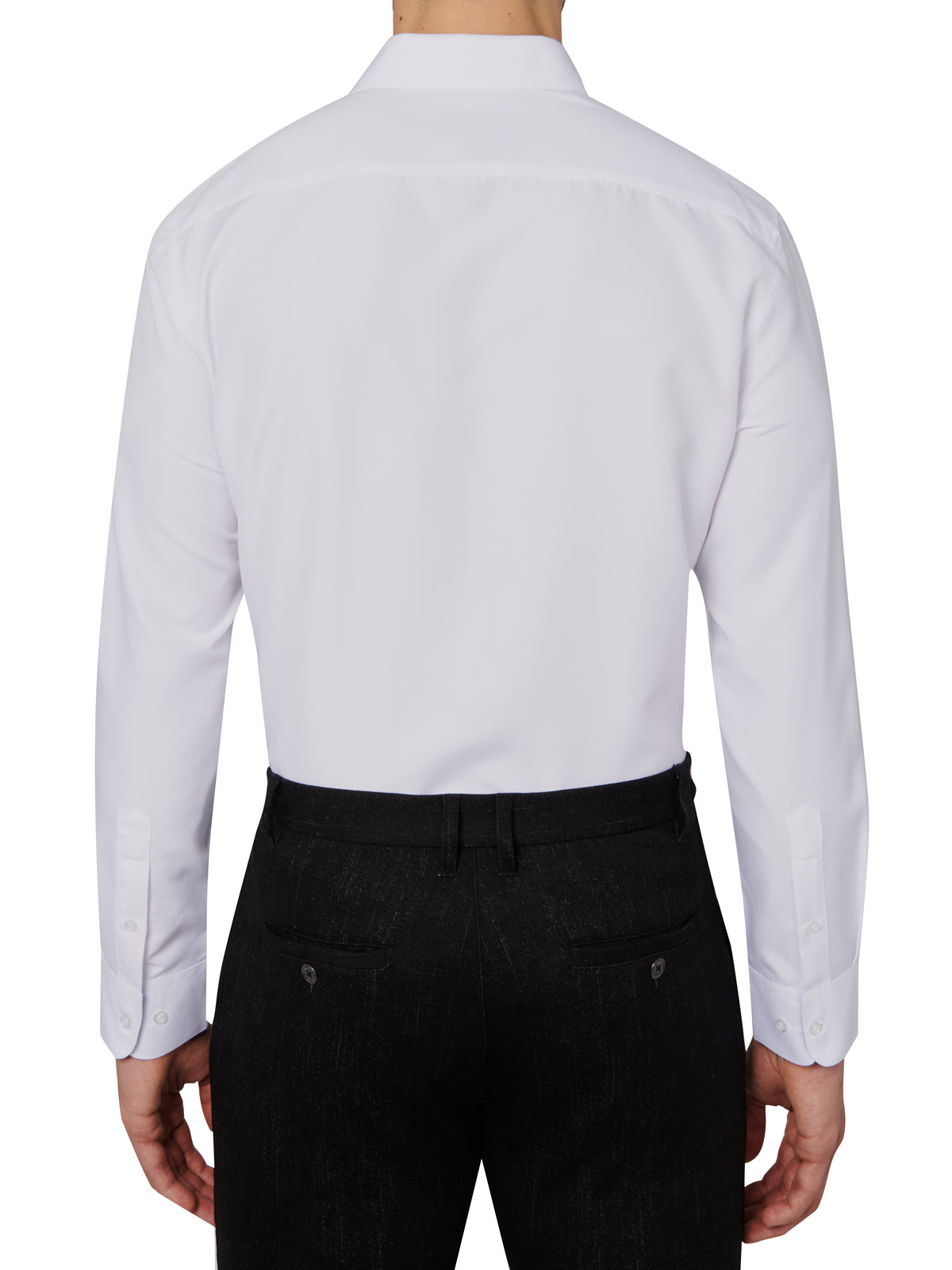 White dress shirt worn by a person on a white background