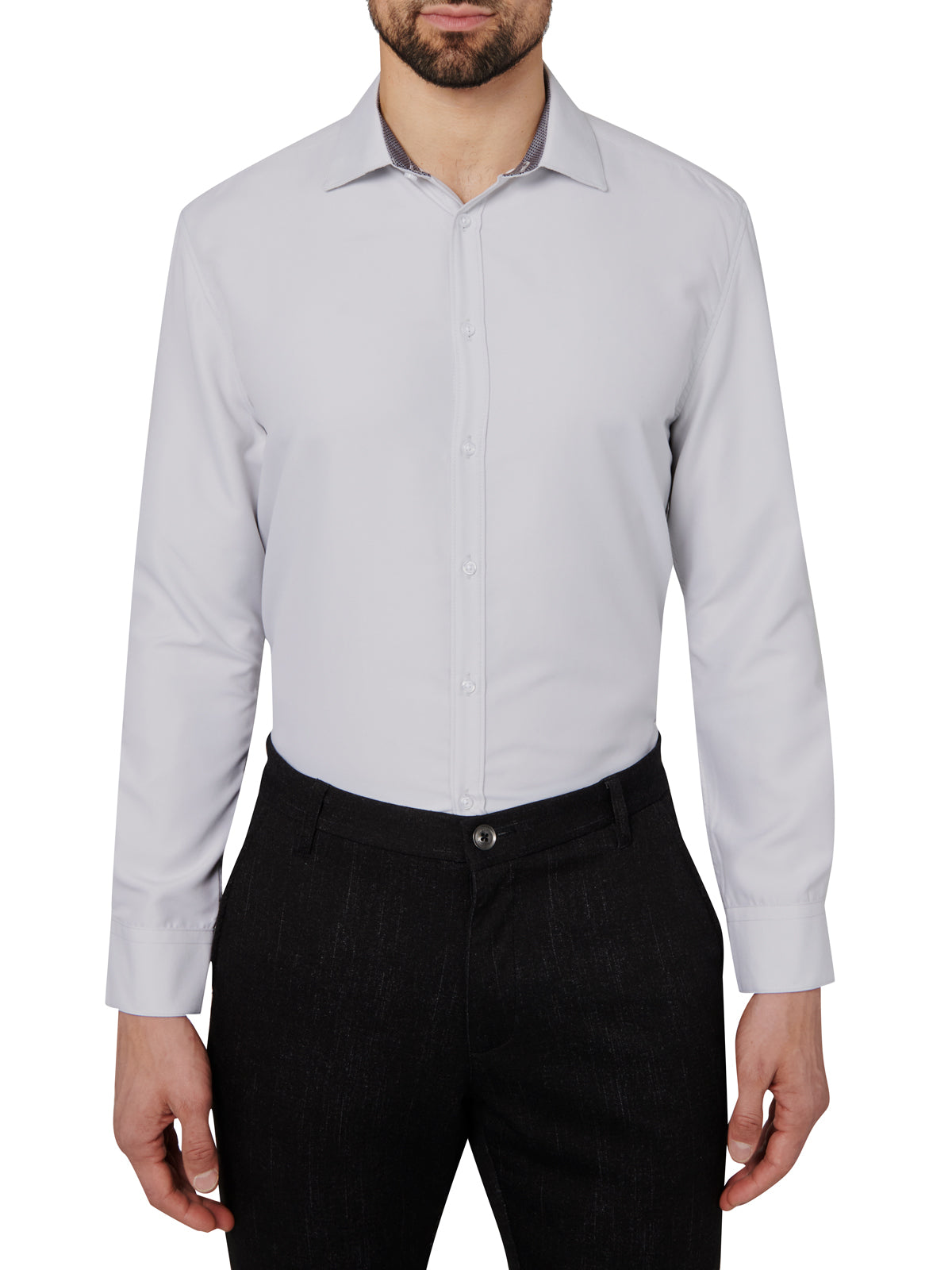 Man wearing a light gray dress shirt and black pants on a white background
