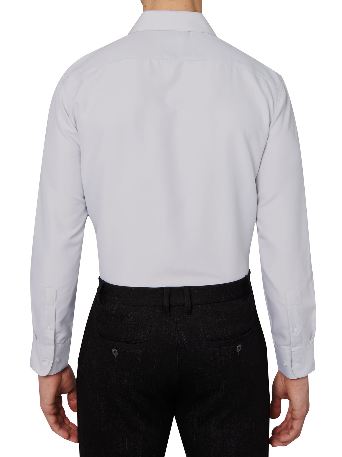 Light gray dress shirt worn by a person on a white background