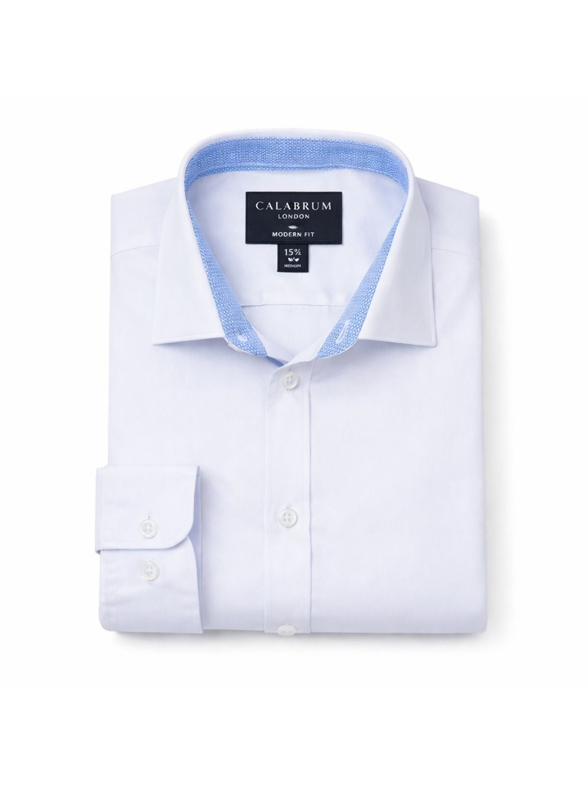 White dress shirt with light blue inner lining on a white background, branded 'Calabrum'.