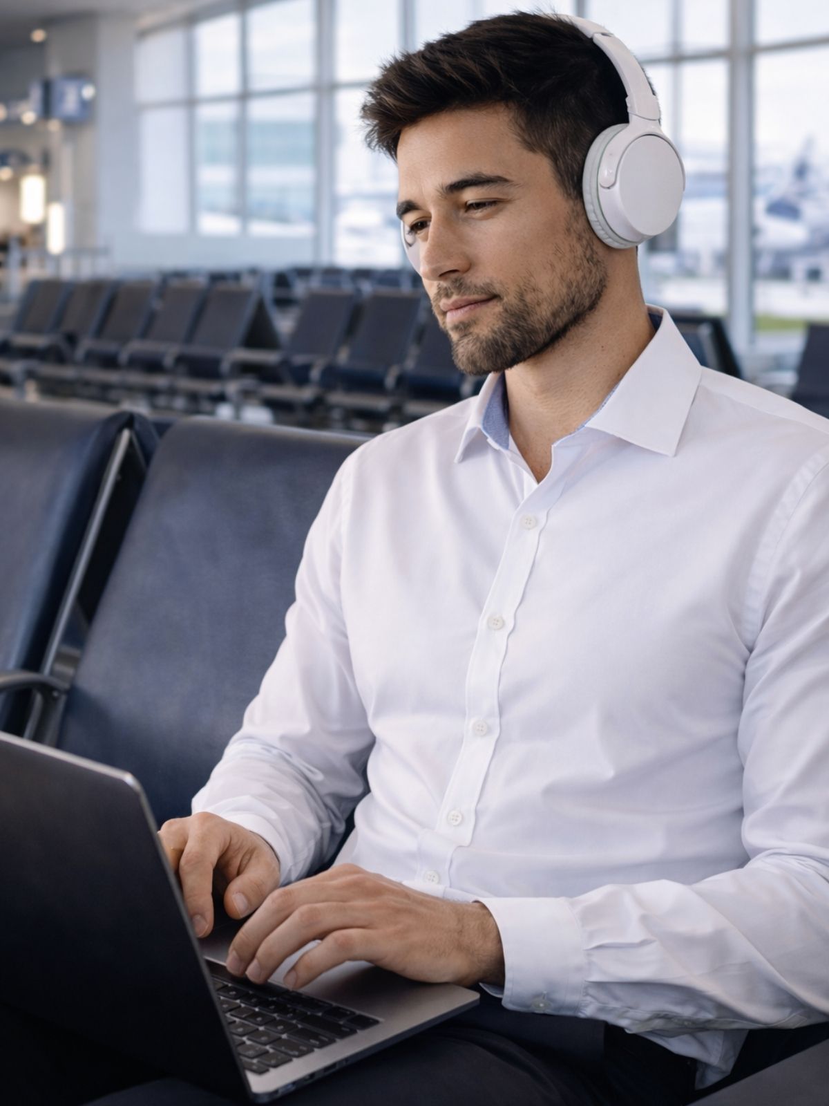 Man wearing headphones using a laptop in an airport terminal