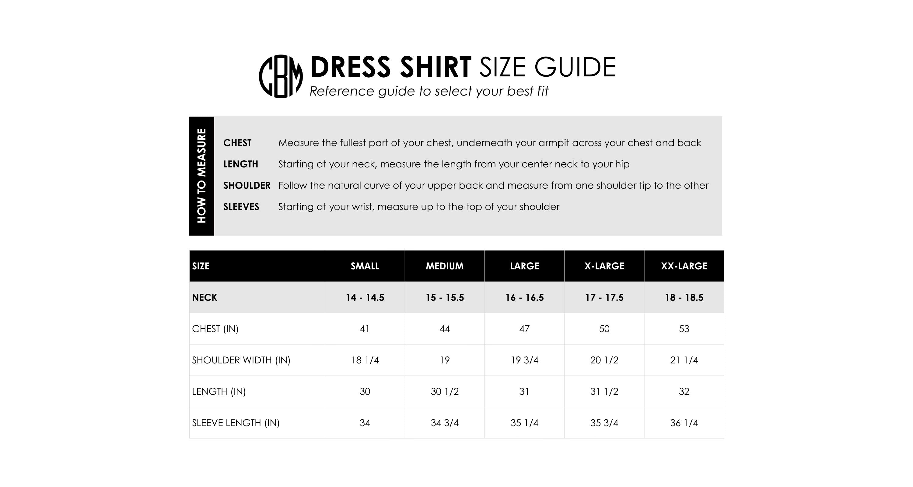 Dress shirt size guide with measurement chart on a white background